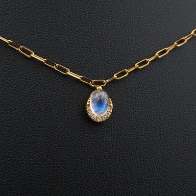 18k Mondstein Diamant Halskette Gelbgold drei Stationen Hänger 18'' MH NG1819