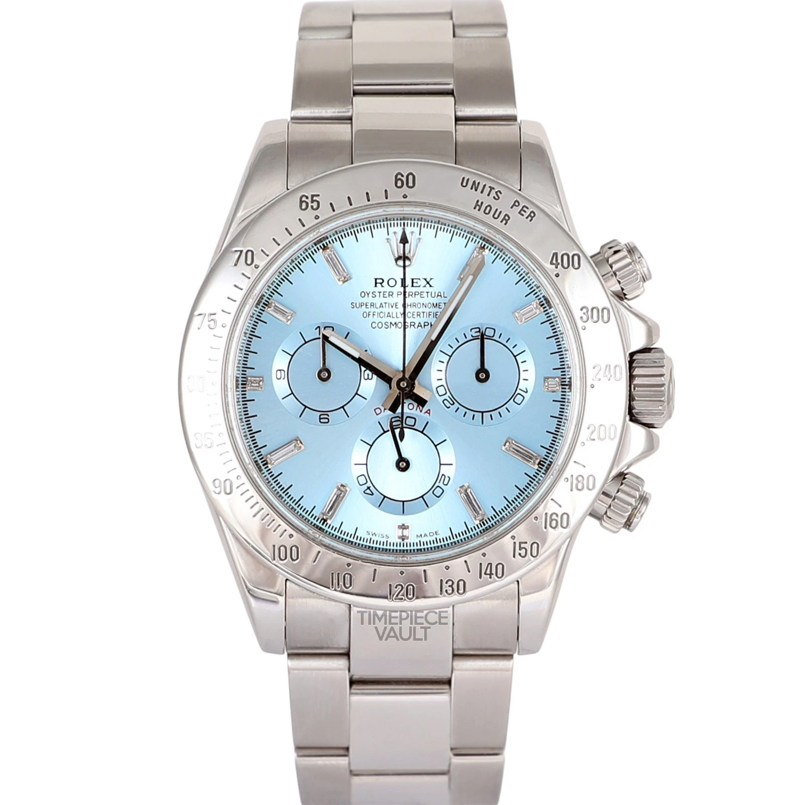 Rolex Daytona 116520 Cosmograph 40mm Steel Chronograph Ice Blue Baguette Diamond