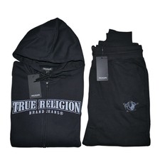 True Religion 2 PC Men's Sweatsuit Denim Logo Hoodie Joggers Tracksuit Set NWT
