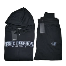 True Religion 2 PC Men's Sweatsuit Denim Logo Hoodie Joggers Tracksuit Set NWT