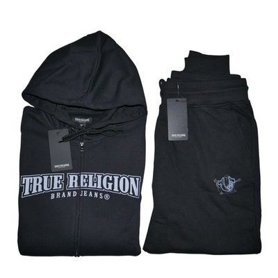 True Religion 2 PC Men's Sweatsuit Denim Logo Hoodie Joggers Tracksuit Set NWT