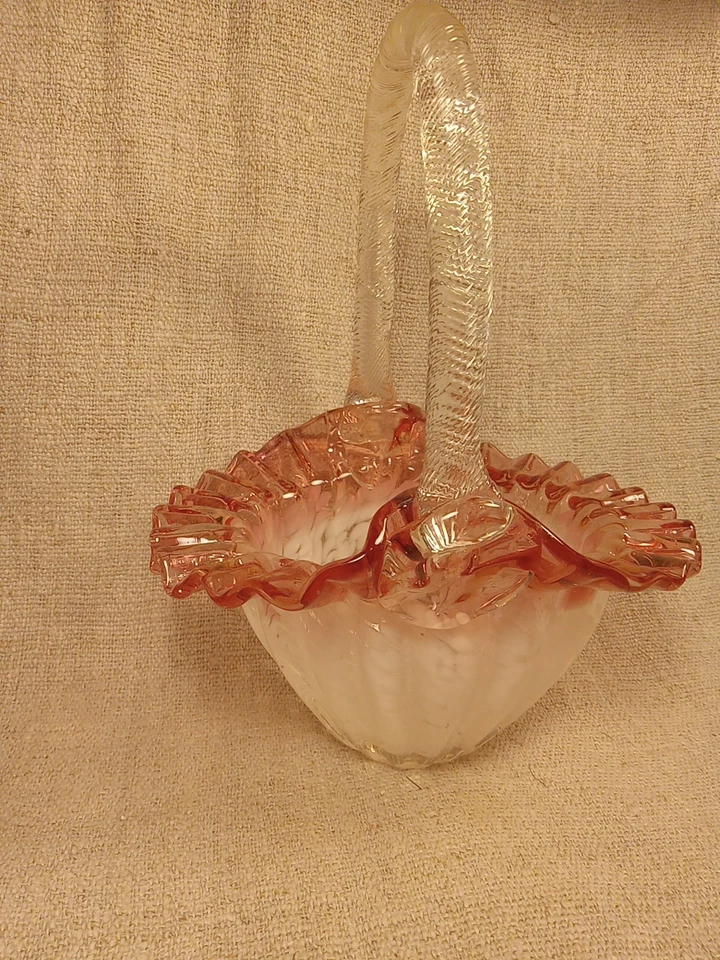 Beautiful Vintage Fenton? Opalescent Cranberry Art Glass Basket Ruffled Edges - Image 2 of 4