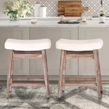 Bar Stools Set of 2, Solid Wood Saddle Kitchen Stools,24 Inch, Beige, 2PCS