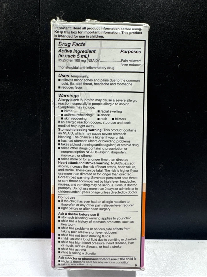 Equate Niños IBUPROFENO Edad 2-11 100mg Burbuja Goma 8oz Exp.12/25 Caja Daños Foto 2 de 4