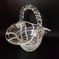 Clear Art Glass White Ribbon Swirl Basket Candy Trinket Dish Applied Handle