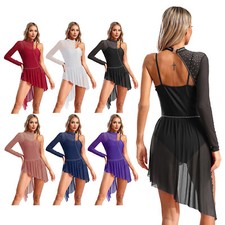 Womens Dresses Performance Lyrical Dance Asymmetrical Costume Mesh Dancewear
