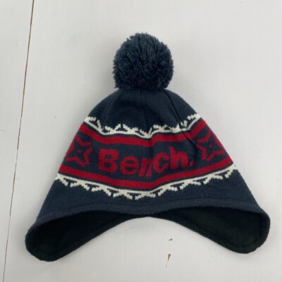 BENCH Wollmütze blau rot Strick Bommel Beanie kleine Ohrenklappen Logo