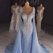 Luxury Blue Beaded Evening Dress with Long Sleeves Wedding with Detachable Train