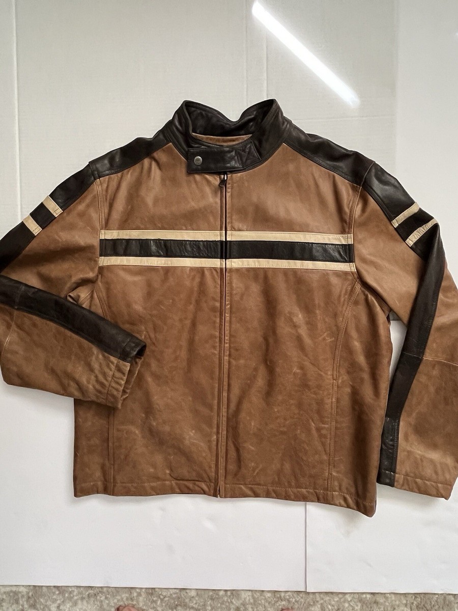 ROUNDTREE & YORKE Tan/DarkBrown Genuine Leather Jacket Satin ROUNDTREE & YORKE Tan/DarkBrown Genuine Leather Jacket Satin