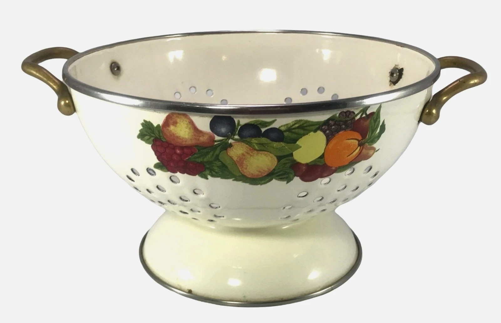 Vintage Regency Club Cream-Colored Enamel Colander Strainer with Fruit Design