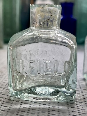 1905 J. FIELD Embossed Square Aqua Glass Ink Bottle  # 1  (H671)