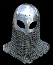 Medieval Viking Helmet Battle Armor 18G Steel with Chainmail Skirting and Leathe