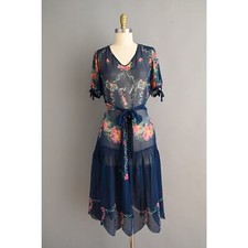 Vintage Antique 1920s 20s Chiffon Floral Print Garden Party Dress Medium