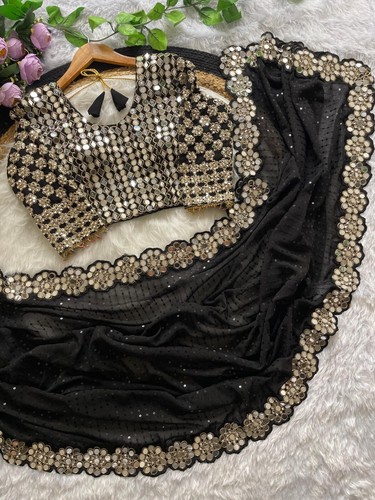 Black Sequins Embroidered Faux Georgette Saree with Ready Fully Stitched Blouse - Picture 2 of 25