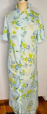 VTG 60'S MOD LORI TILL BLUE GREEN YELLOW FLORAL RUFFLE MAXI HOUSE DRESS ROBE*S/M