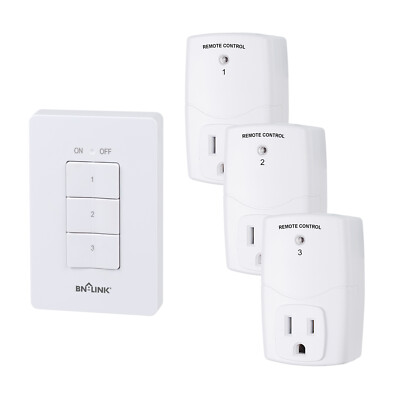 BN-LINK 3Pcs Wireless Wall-Mounting Remote Control Outlet Switch Power Plug In