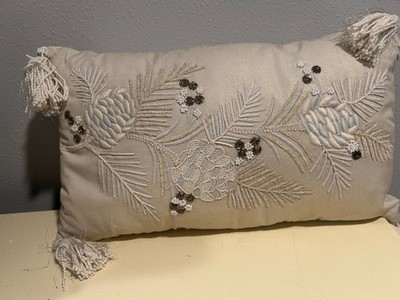 Pier One Throw Pillow Christmas Holiday Pinecones Embroidered Cream 10x12''