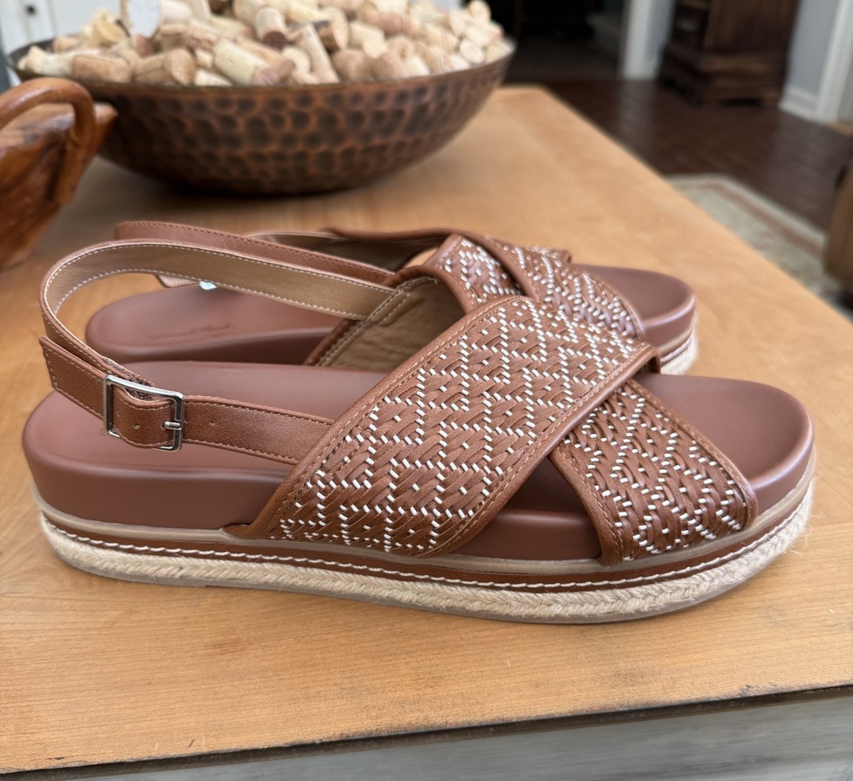 SAOLA Sandali donna filo universale taglia 11 marrone avorio suola bordo corda plateau 2”