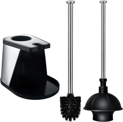 Stainless Steel Bathroom Cleaning Toilet Bowl Brush and Plunger Combo Set Black