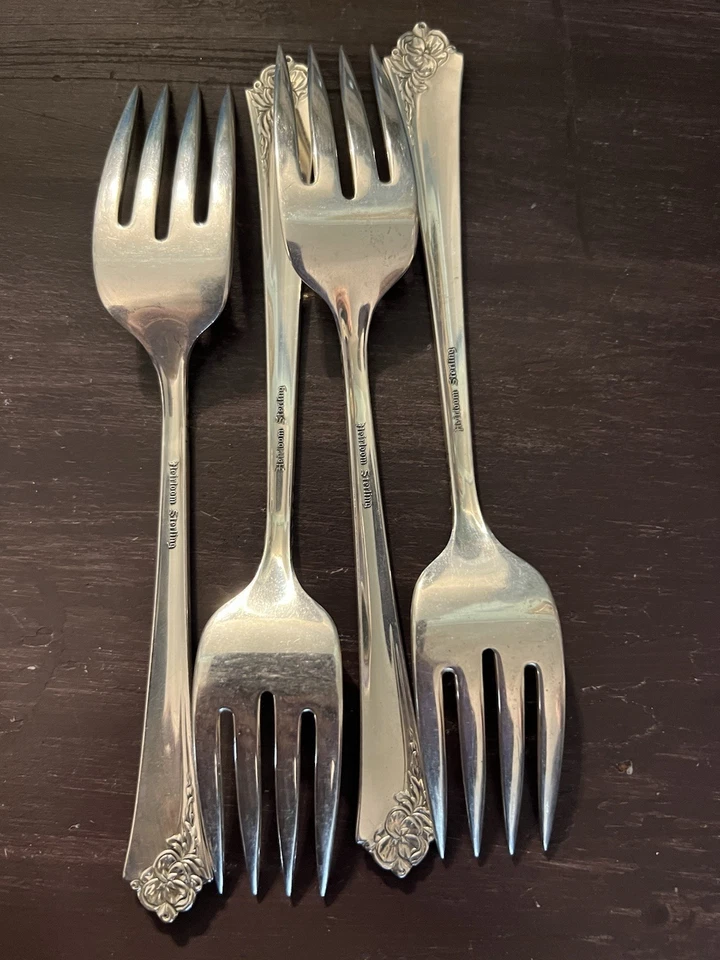 Tenedores de ensalada de plata esterlina Oneida damasco rosa reliquia (4) Foto 4 de 4