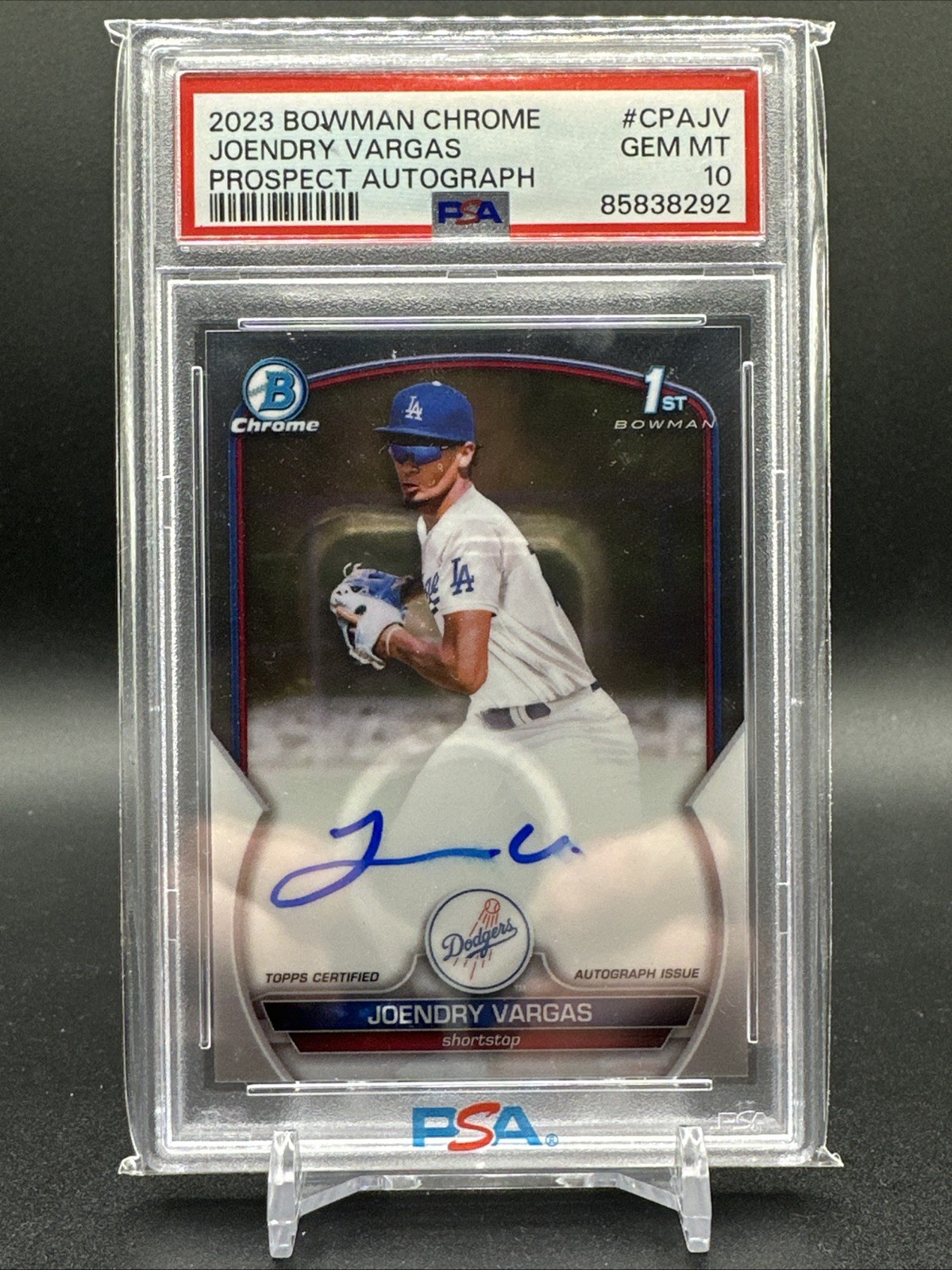 Joendry Vargas 2023 Bowman 1st Base Chrome Auto Los Angeles Dodgers CPA-JV PSA10
