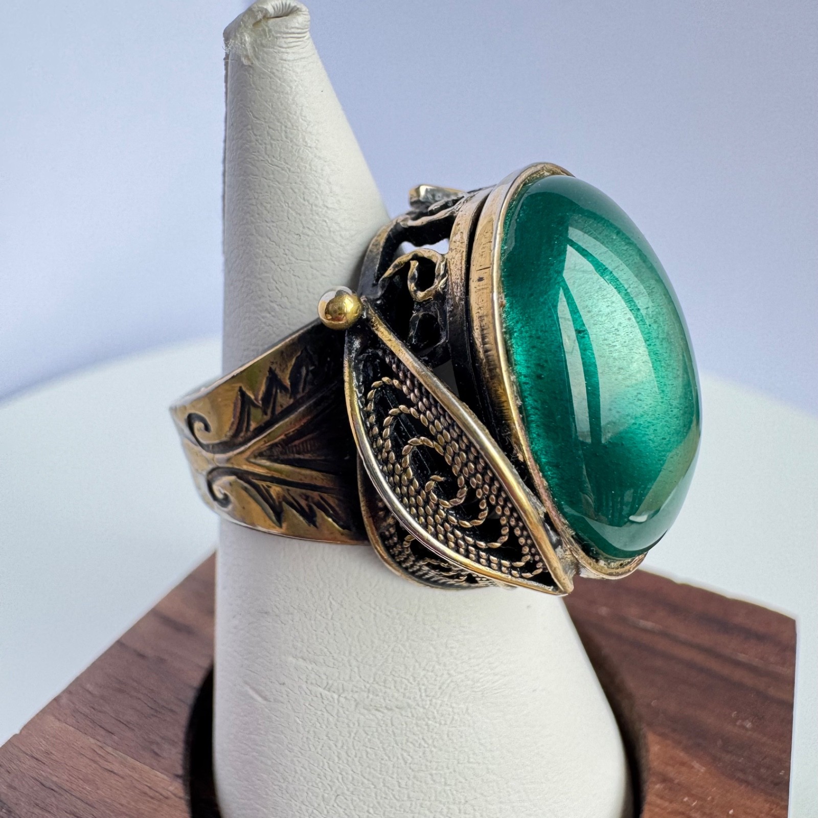 Vtg Green Cabochon Statement Ring Adjustable Gold… - image 5