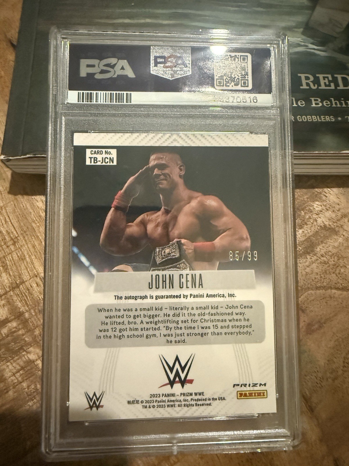 Panini 2023 Prizm WWE John Cena Throwback Signatures Red Prizm Auto /99 PSA 9 view 5