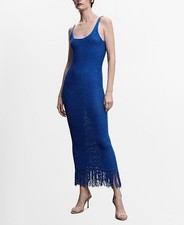 NWT Mango M Sweater Knit Fringe Detail Knitted Dress Bright Blue 130458