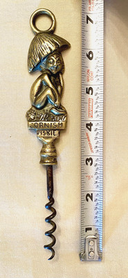 Antique 1920s British CORNISH PISKIE CORKSCREW Brass Goblin Pixie under Mushroom