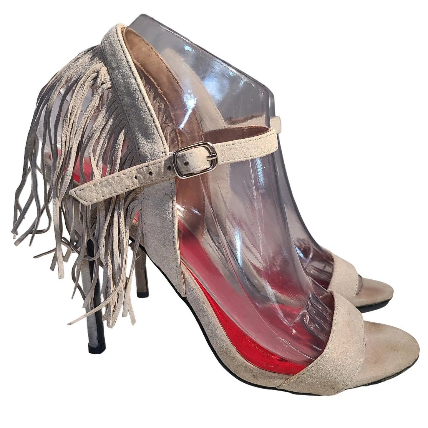 JORDAN Charles Jourdan Boa sandalo donna tacco a spillo scamosciato grigio beige frange 8