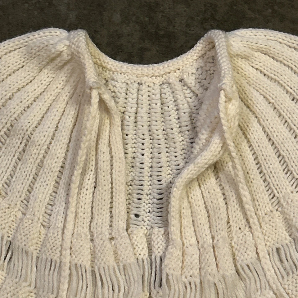 Vintage Cardigan Hand Knit Grannycore Open Knit Ivory Medium 1960's Pom Pom Cute - Image 2 of 4