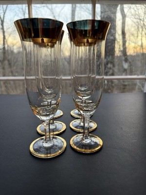 6 Vintage Rare Decagon Gold Rim And Base Designed Glasses  Height 6  Very Unique