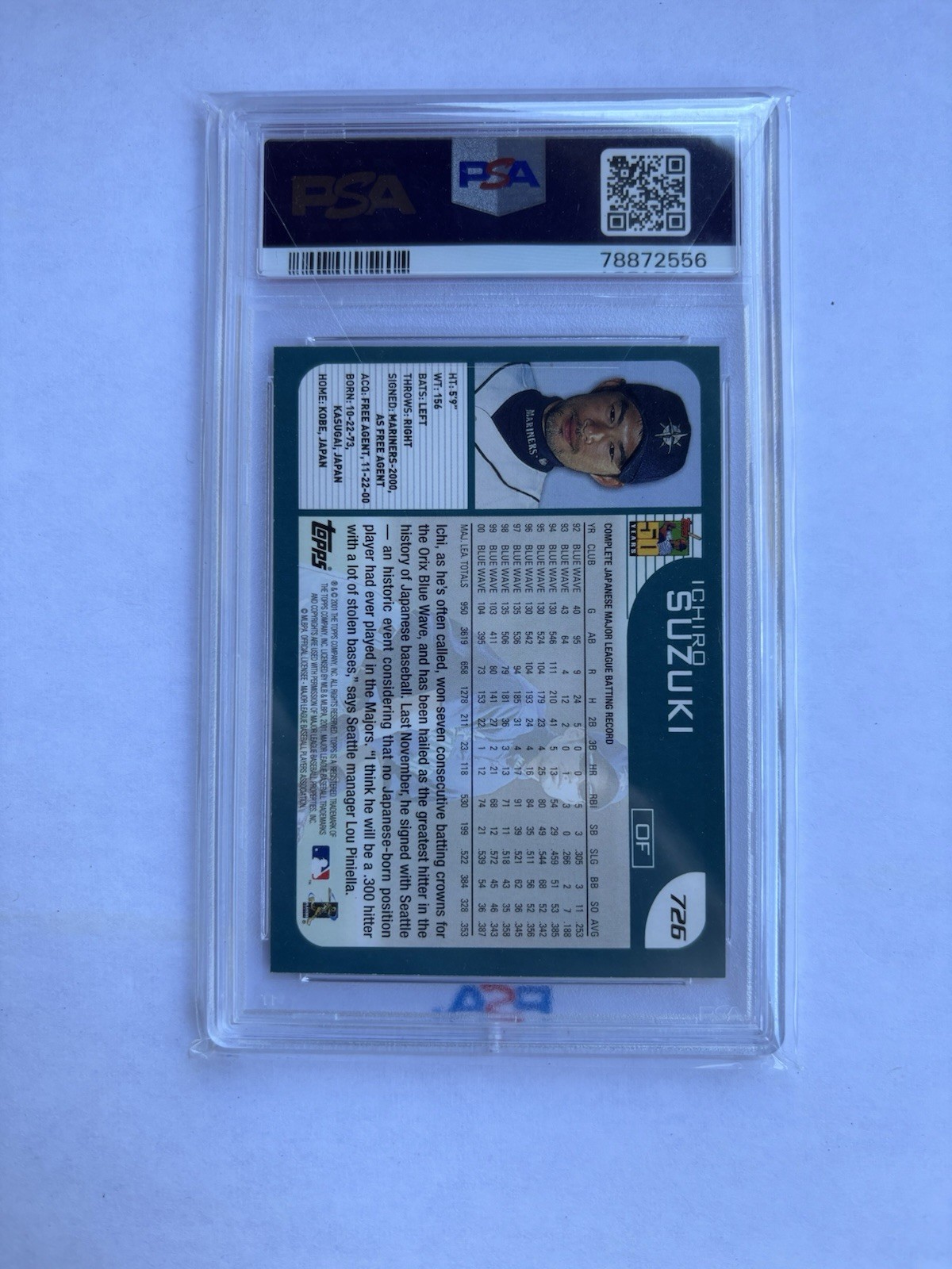 2001 Topps - Ichiro Suzuki #726 (RC) PSA 8 Mariners/Yankees/Marlins HOF view 2