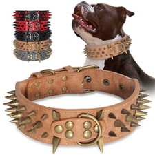 2''Wide Spiked Studded Dog Collar PU Leather Heavy Duty Adjustable for Pitbu