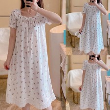Short Sleeve Womens Nightdress Medium Length Floral Print with Lace Trim