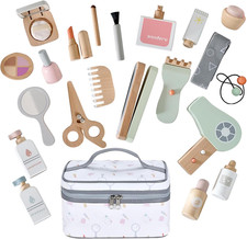 22 PCS Wooden Makeup Toy Set for Toddler Pretend Play,Wood Beauty Salon Toys Cut