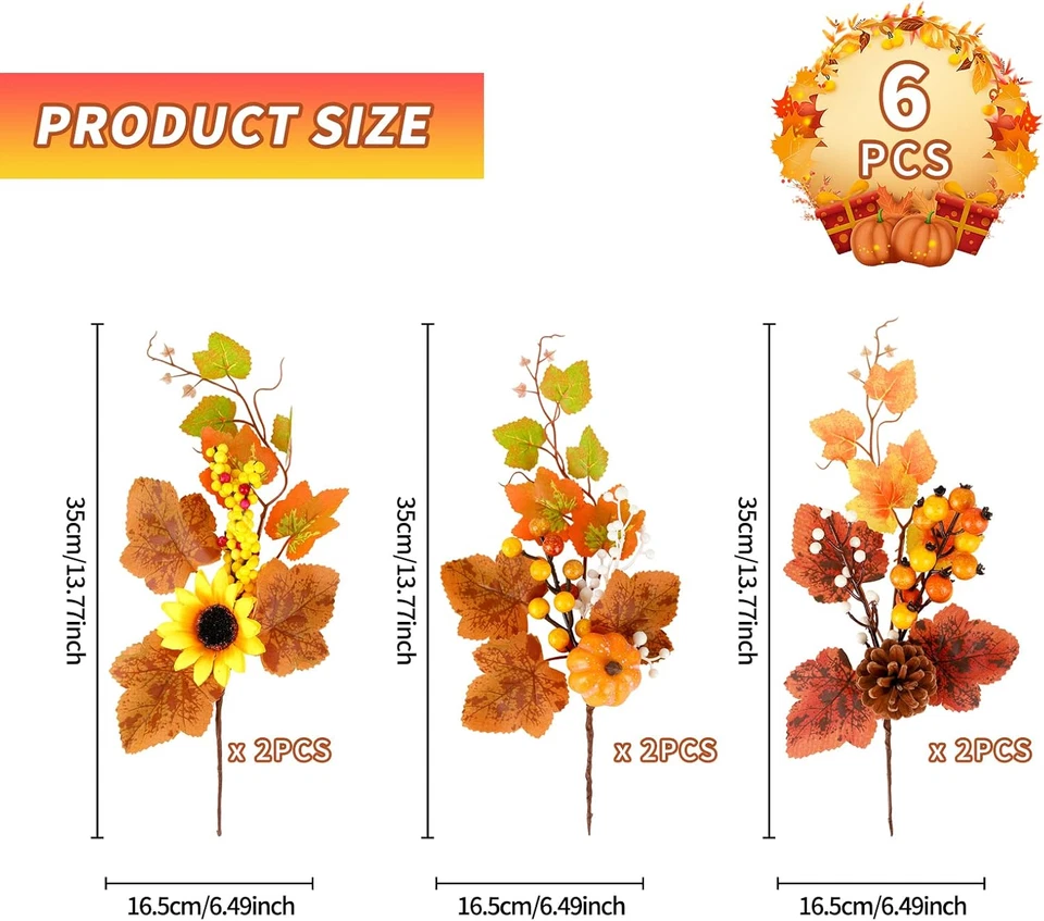 Bouquet Di Fiori Artificiali Autunnali 6 Rami Di Foglie D'Acero Artificiali Con - Immagine 2 di 4