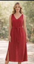 Ann Taylor Red Sleeveless Midi Dress Sz 10 Tie Waist V-Neck Elegant Classic