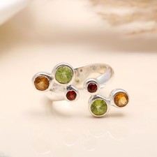 925 Sterling Silver Round Multi Gemstone Statement Ring Women Anniversary