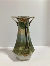 Antique Nippon Hand Painted Landscape Two Handled Vase 7 1/4”