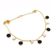 Black Spinel Pearl Necklace with Chain Gold Plated Choker Necklace 18" i663
