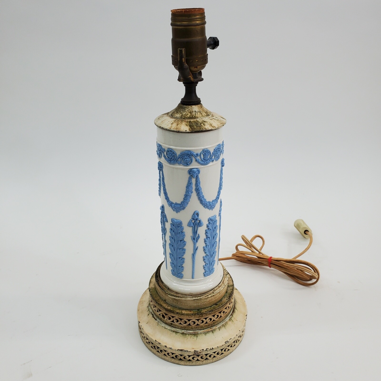 Antique Wedgwood Queensware Lamp w/Embossed Pale Blue Detail No Harp
