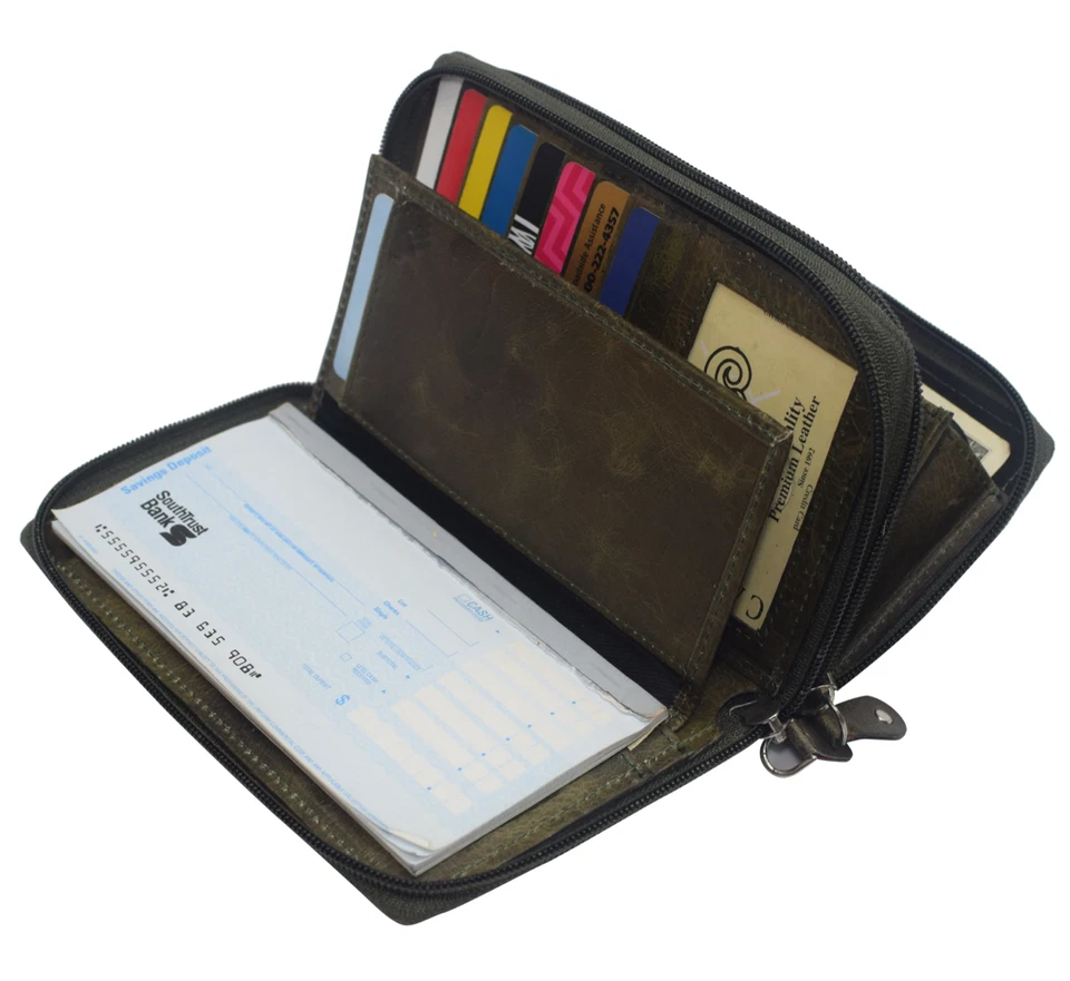 RFID Blocking Genuine Leather Checkbook Secretary Wallet 2 Zipper Card Organizer - Image 4 of 4