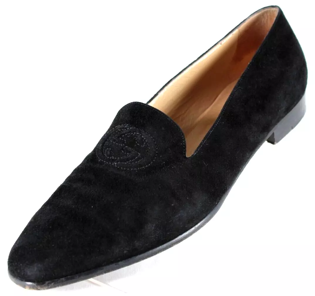 Mocassins plats GUCCI vintage en daim noir logo GG brodé bout amande 10