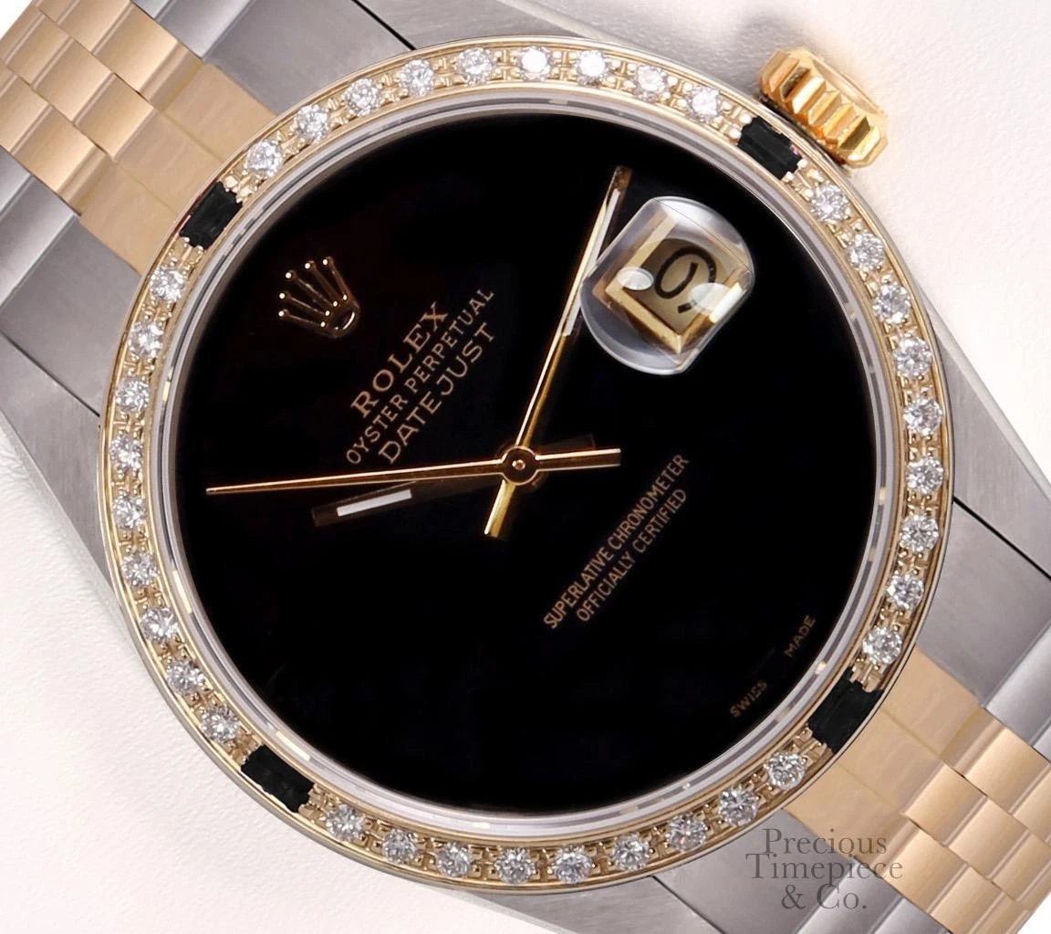 Rolex Datejust Two Tone 36mm Watch 18k Black Gemstone Diamond
