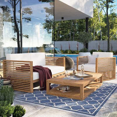 Modway Carlsbad Outdoor Patio Teak Wood 3-Piece Furniture Set in Natural White