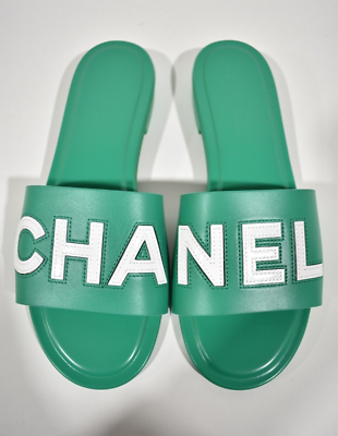 Chanel 23P Green White Leather CC Logo Letter Mules Slide Slip