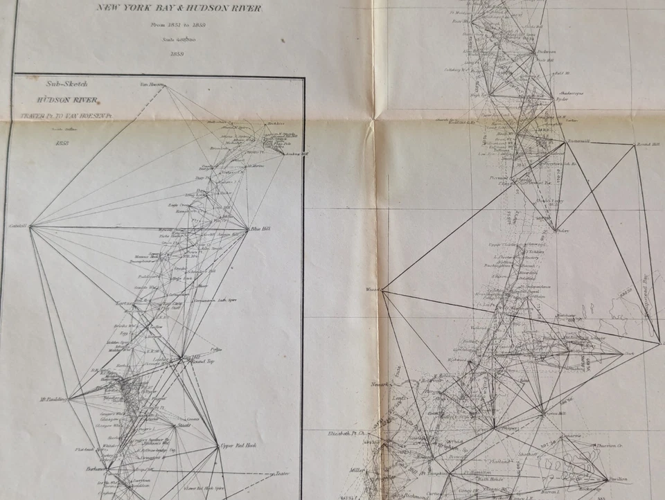 Mapa de levantamiento de la costa de Estados Unidos 1859 Bahía de Nueva York Hudson River Survey Progress A.D. Bache Foto 4 de 4