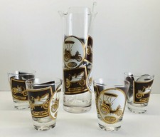 Vintage Early 1900's Automobiles Glass Pitcher Set, Stirrer ,Pitcher & 4 Glasses