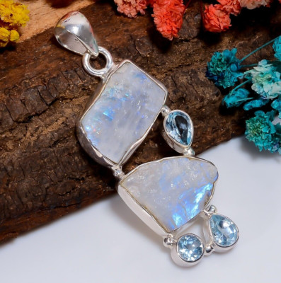 Natural Rainbow Moonstone Rough Blue Topaz 925 Sterling Silver Pendant Best Gift